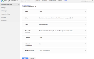 Paramètres action de conversion AdWords